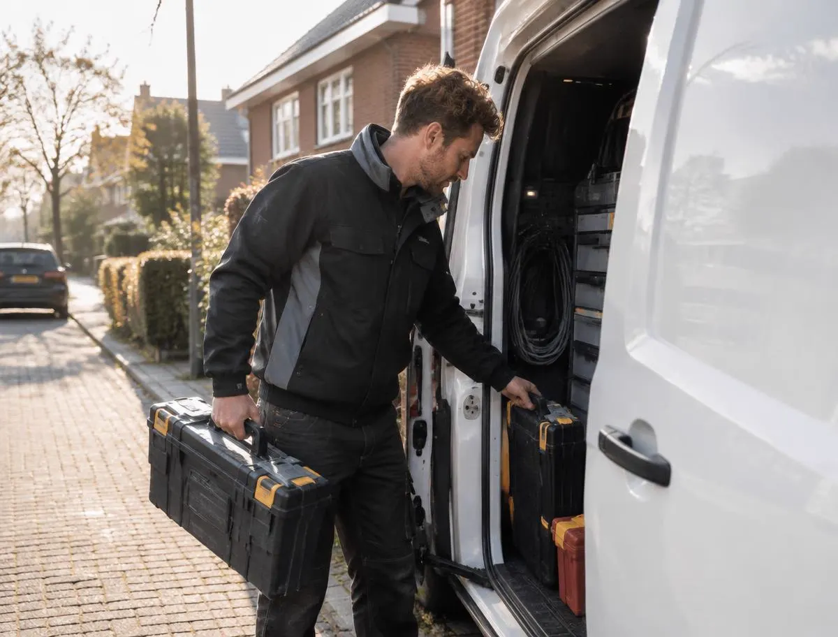 Vakman laadt gereedschap in zijn bestelbus